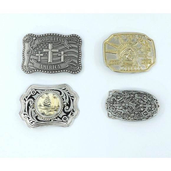 VTG 4 Belt Buckle St Justin Celtic Liberty Statue Sailing Ship God Bless America - Picture 1 of 16